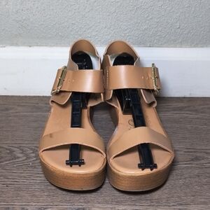 Brash Tan Platform Sandals with Gold Buckles Size 6 Y7